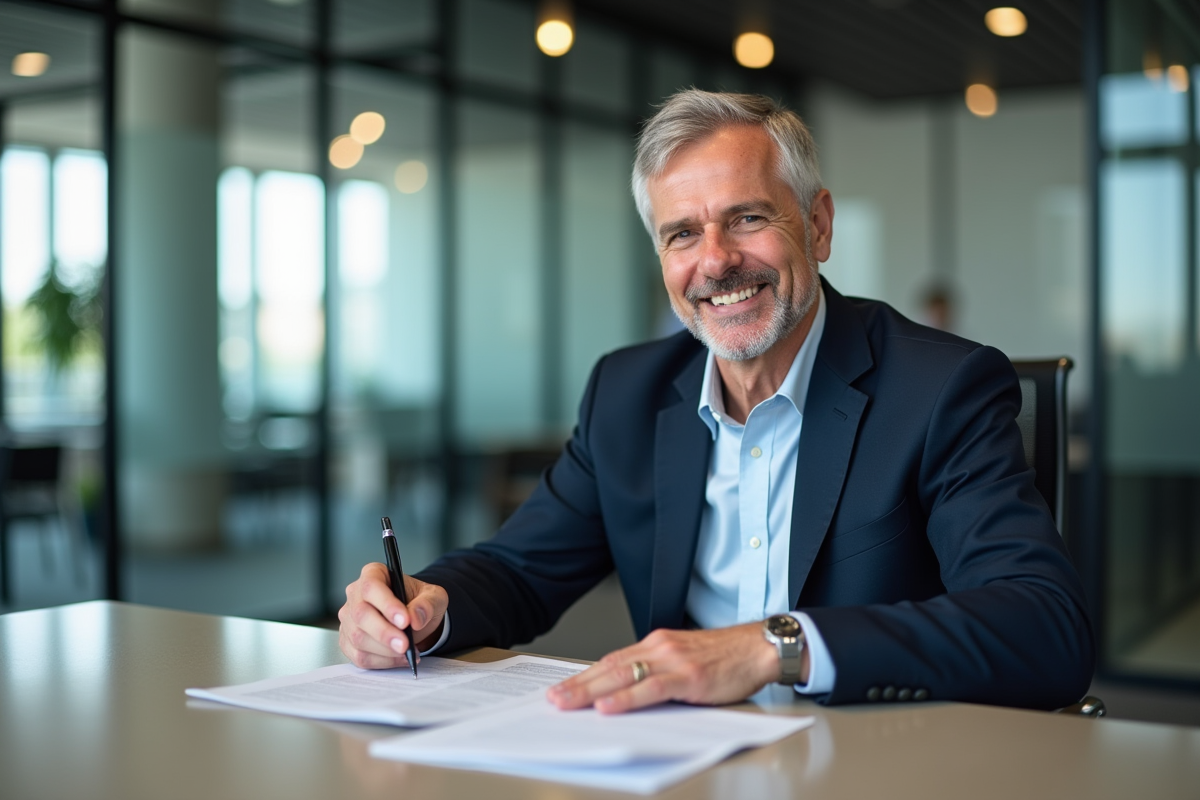 Homme d affaires signant un document de prêt immobilier