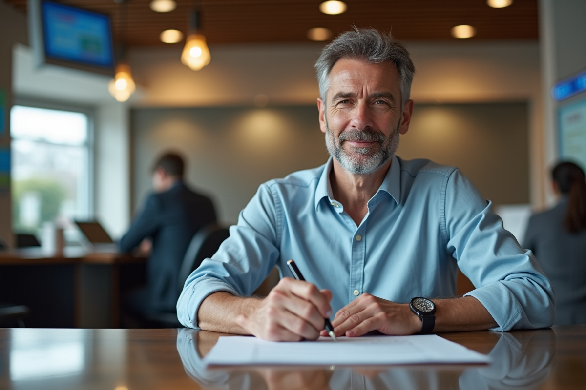 Homme signant un formulaire de transfert bancaire dans une agence