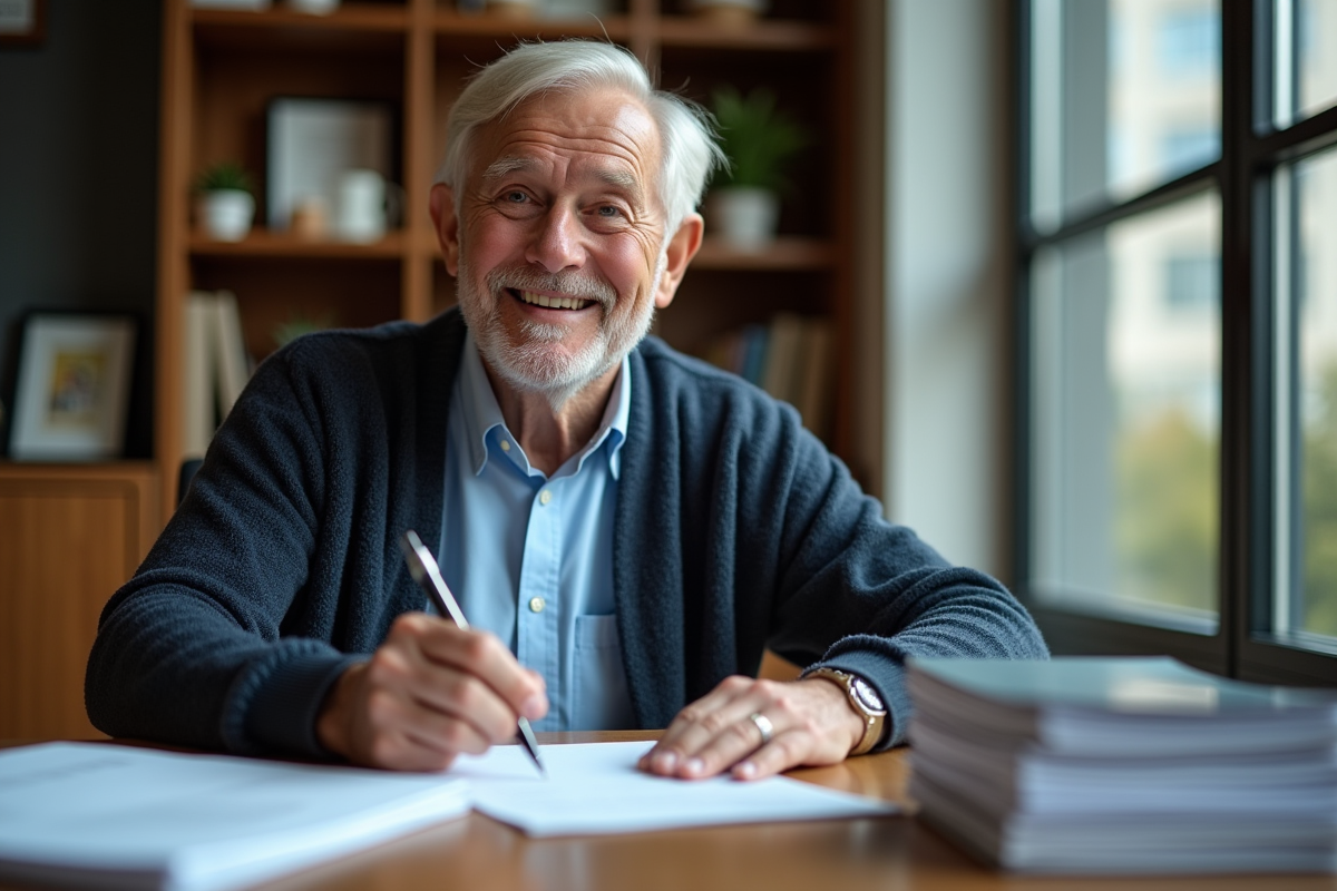 Homme plus âgé signe un contrat d