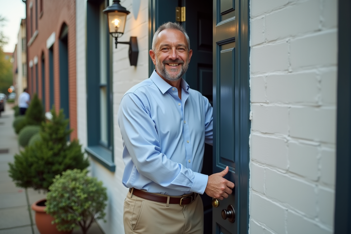 Homme souriant ouvrant la porte d
