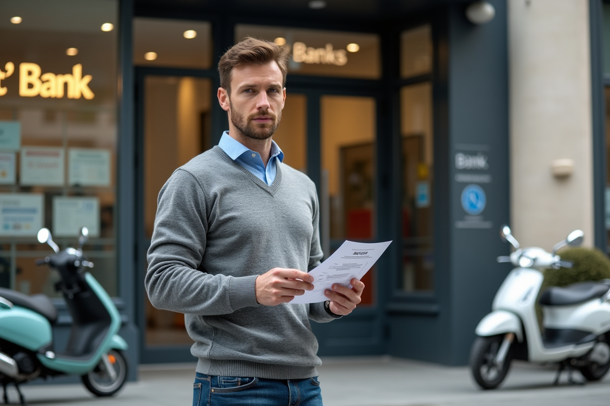 Homme français devant une banque tenant un portefeuille crypto