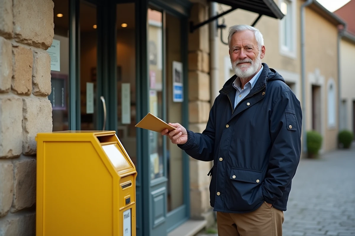 Homme retraité déposant une lettre à la poste rurale