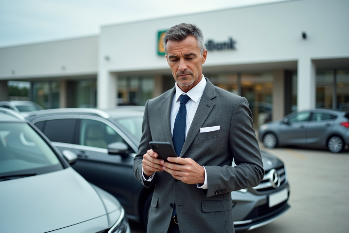 Homme en costume vérifiant détails de sa voiture dans une concession