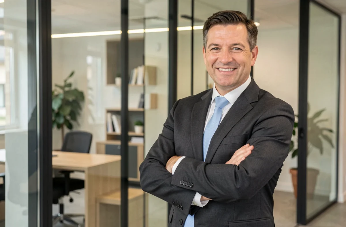 Gerald Hubert, courtier en assurance indépendant en Isère, posant devant son agence