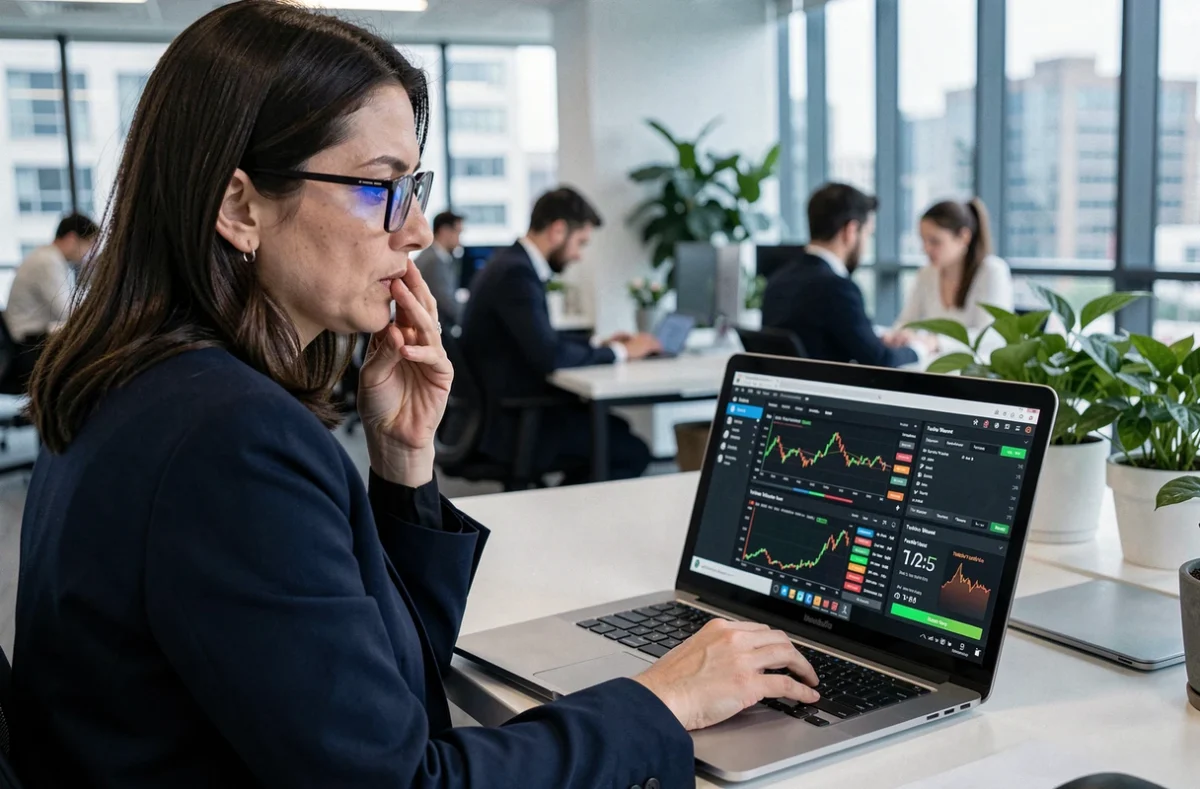 Femme investisseuse hésitante devant un écran de trading de turbos en bourse, symbolisant la peur de la prise de décision financière