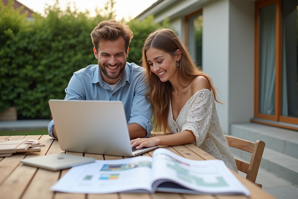 Jeune couple souriant planifiant la construction de la terrasse