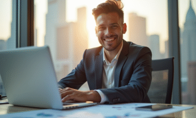 Jeune entrepreneur confiant au bureau avec graphiques financiers