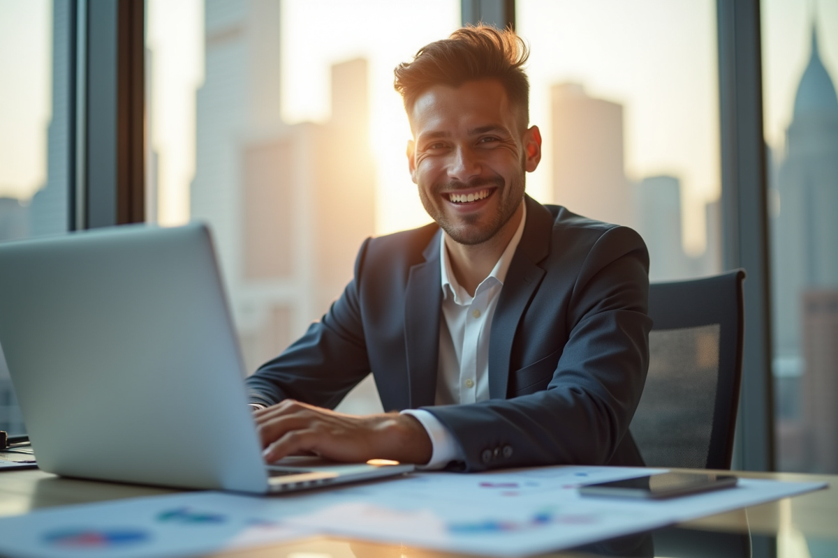 Jeune entrepreneur confiant au bureau avec graphiques financiers