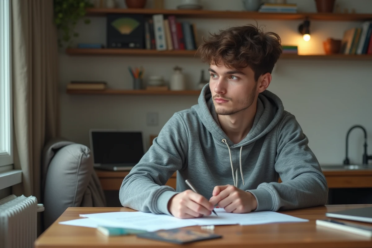 Jeune étudiant en hoodie et jeans à la cuisine