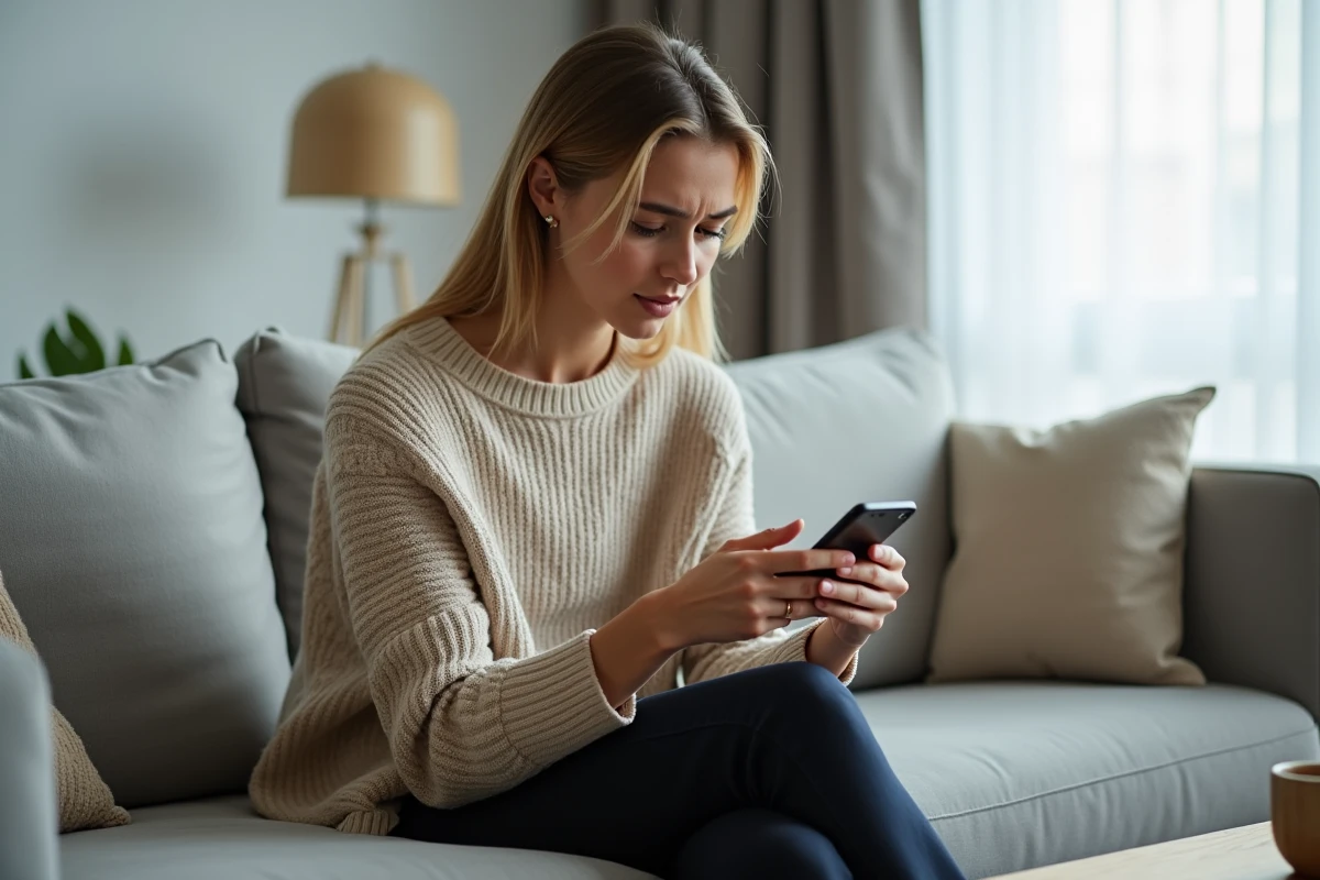 Jeune femme consultant l'application CAF sur son smartphone depuis son canapé pour vérifier la date de versement de ses allocations