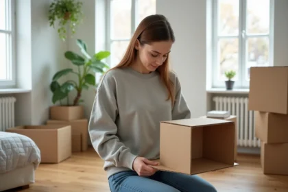 Jeune femme assemble un petit meuble dans un studio cosy