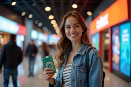 Jeune femme souriante avec bon cadeau et ticket cinéma