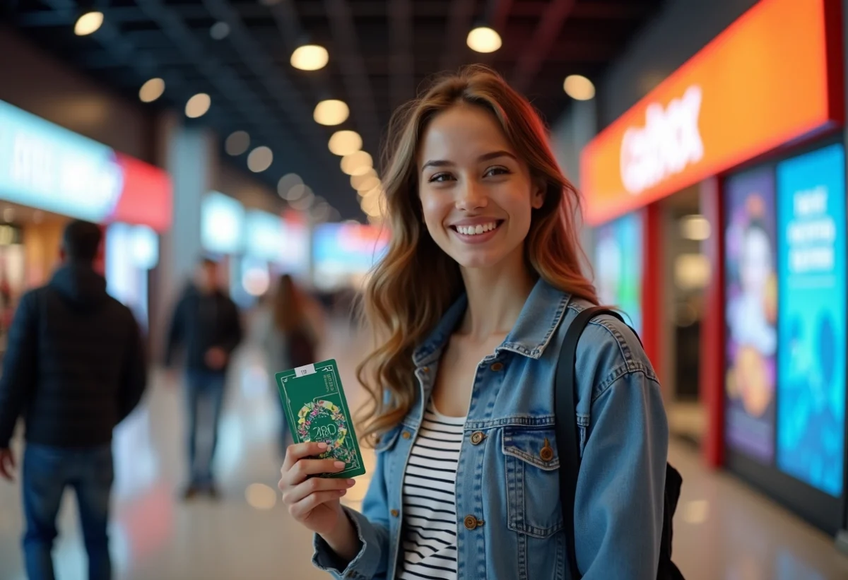 Jeune femme souriante avec bon cadeau et ticket cinéma