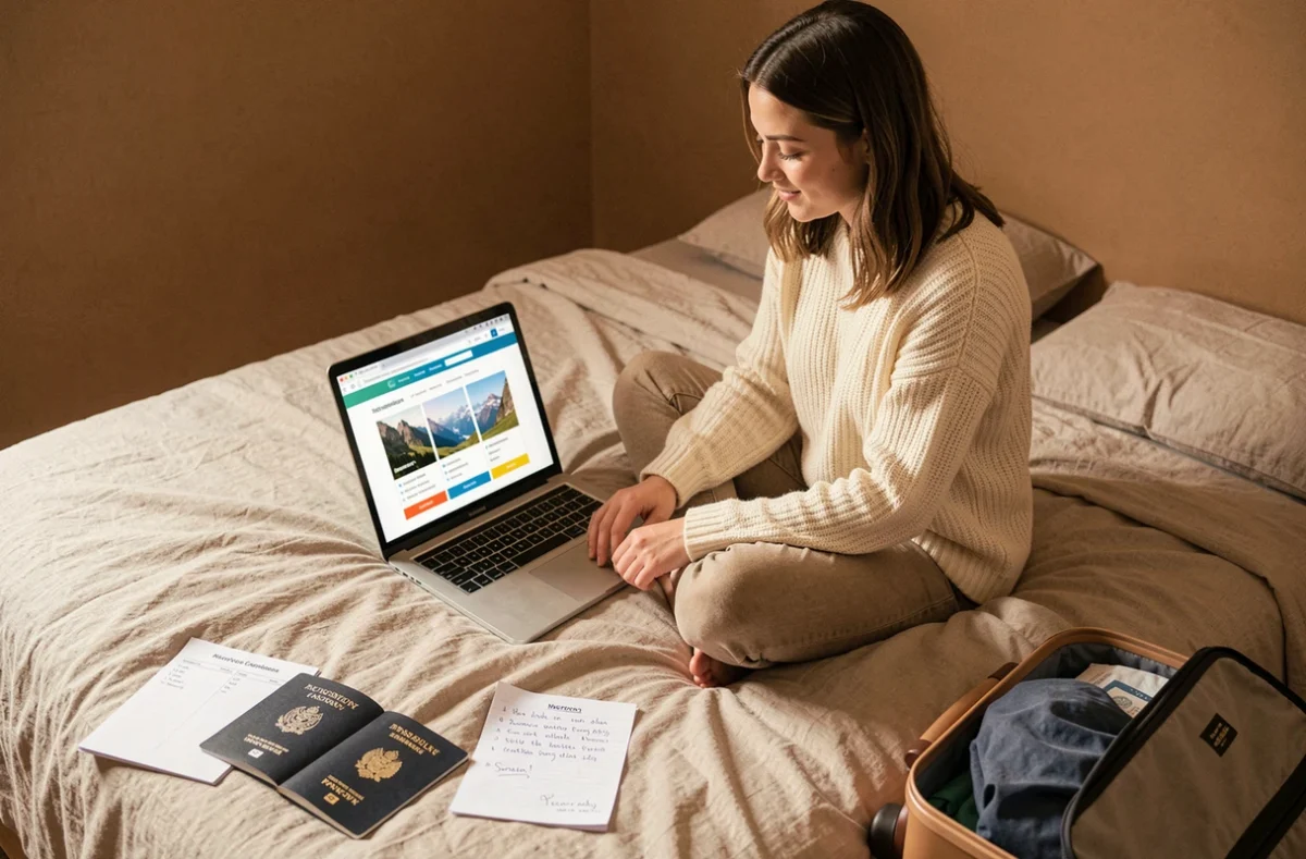 Jeune femme comparant les prix d'une assurance voyage sur ordinateur portable entourée de documents de planification de voyage