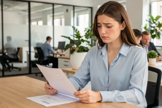 Jeune femme examinant son contrat de travail avant de signer, calcul salaire net brut premier emploi