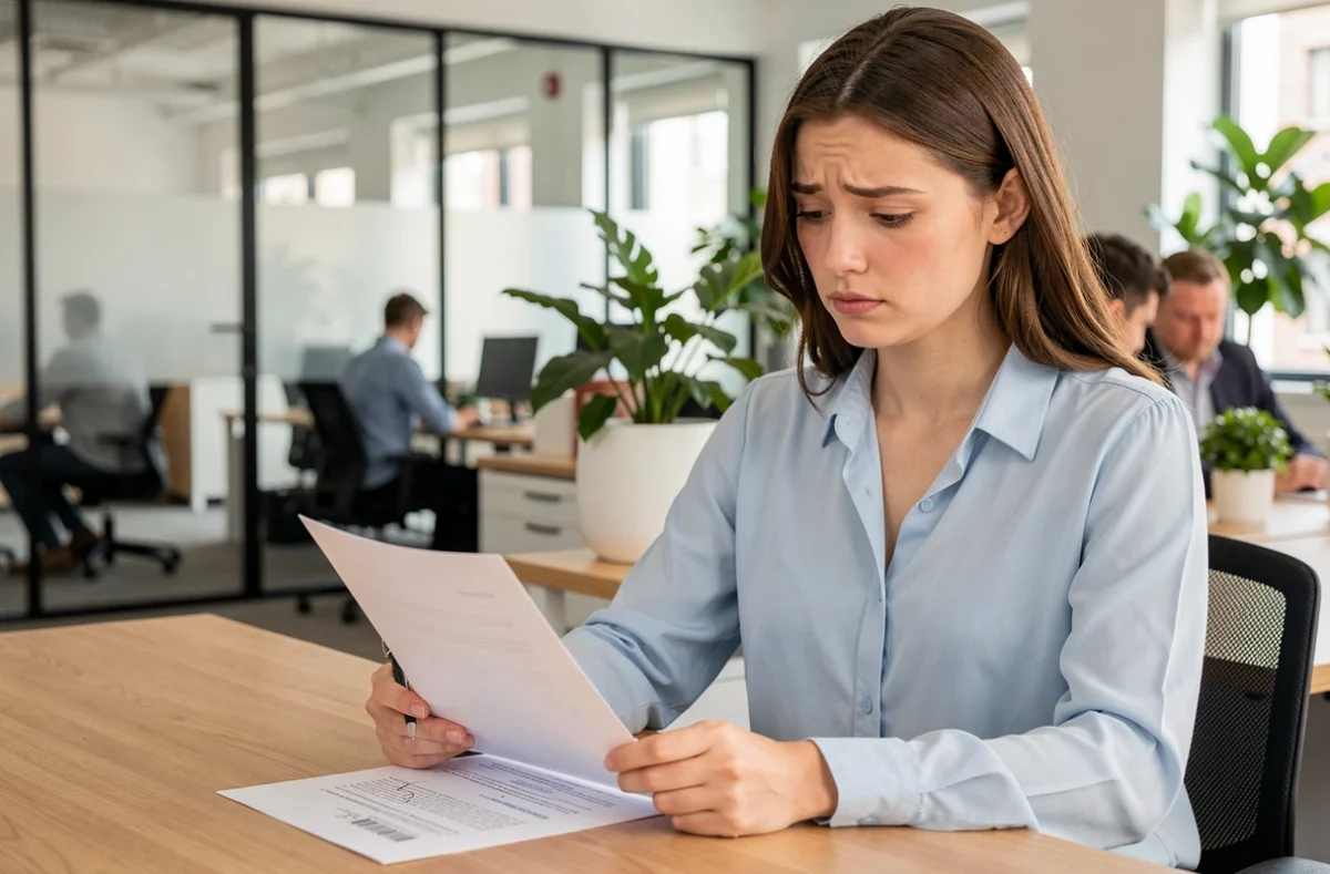 Jeune femme examinant son contrat de travail avant de signer, calcul salaire net brut premier emploi
