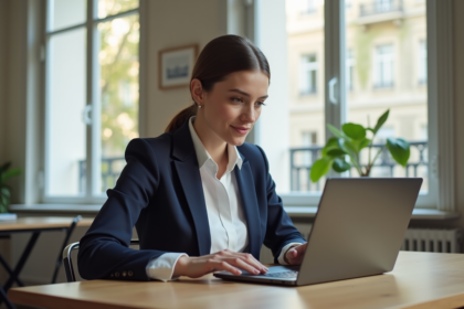 Jeune femme parisienne travaillant sur son ordinateur portable