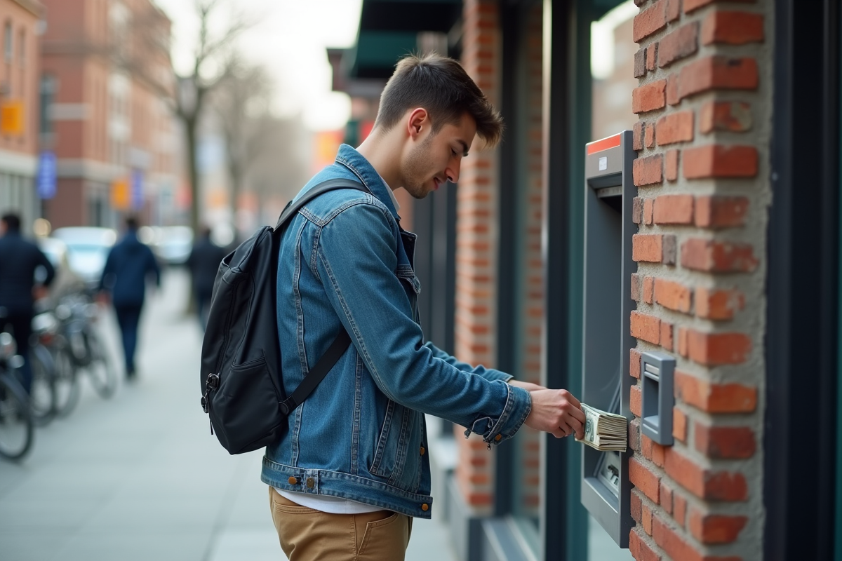 Jeune homme déposant de l argent à un distributeur automatique
