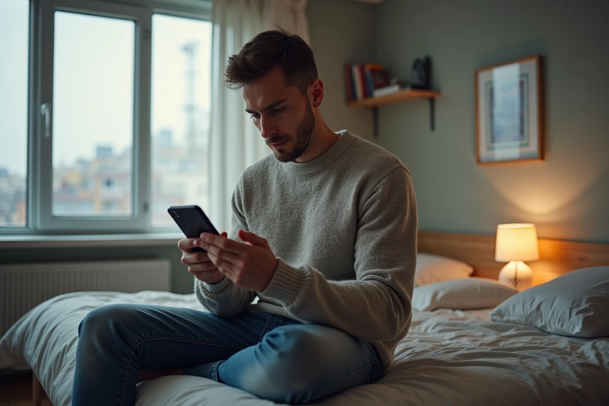 Jeune homme préoccupé utilisant une application bancaire dans sa chambre