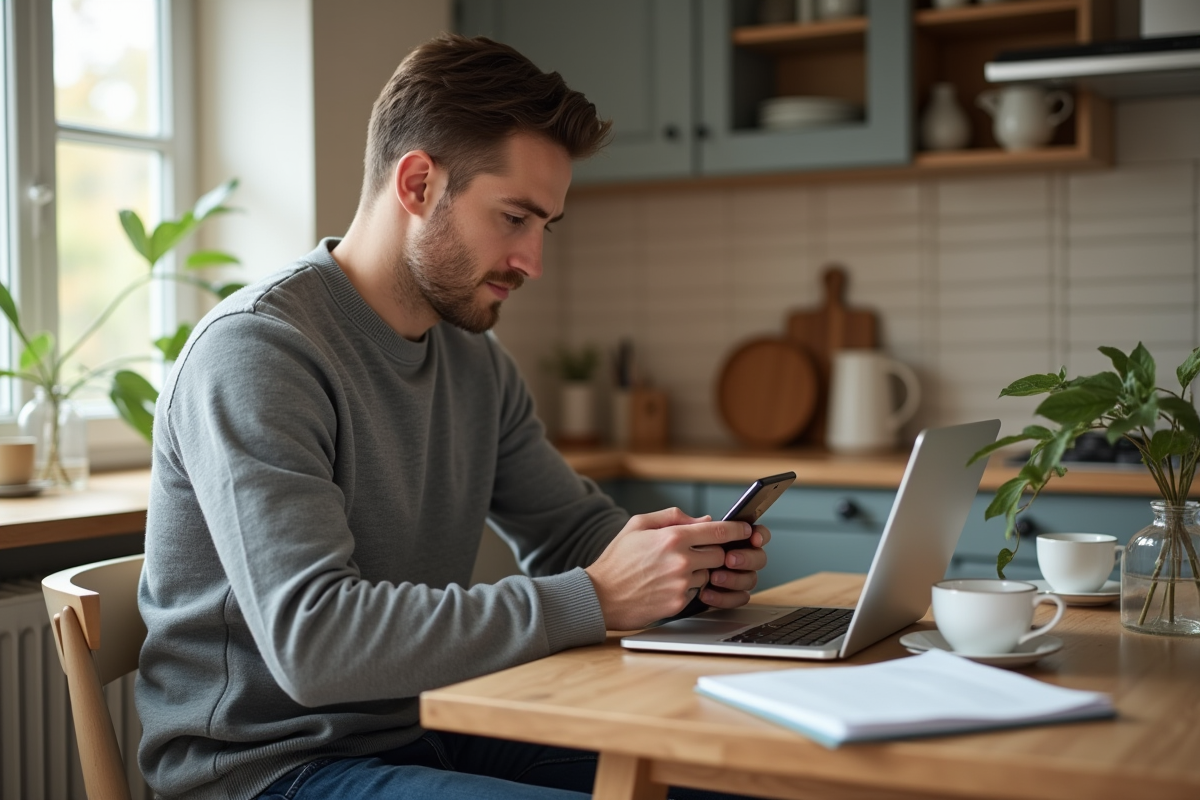 Jeune homme effectuant un transfert bancaire à la maison