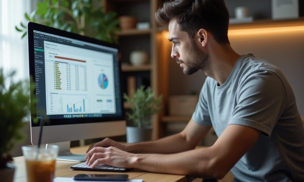 Jeune homme concentré sur un ordinateur dans un bureau moderne
