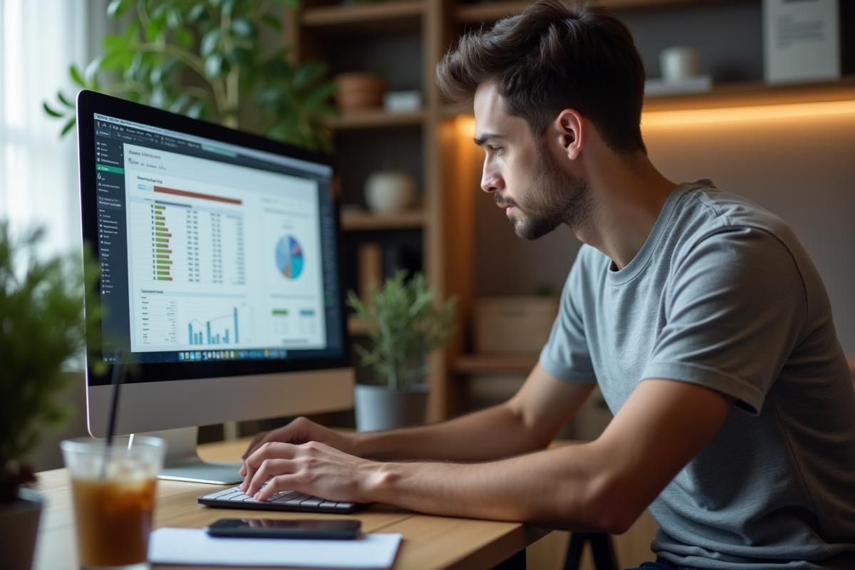 Jeune homme concentré sur un ordinateur dans un bureau moderne