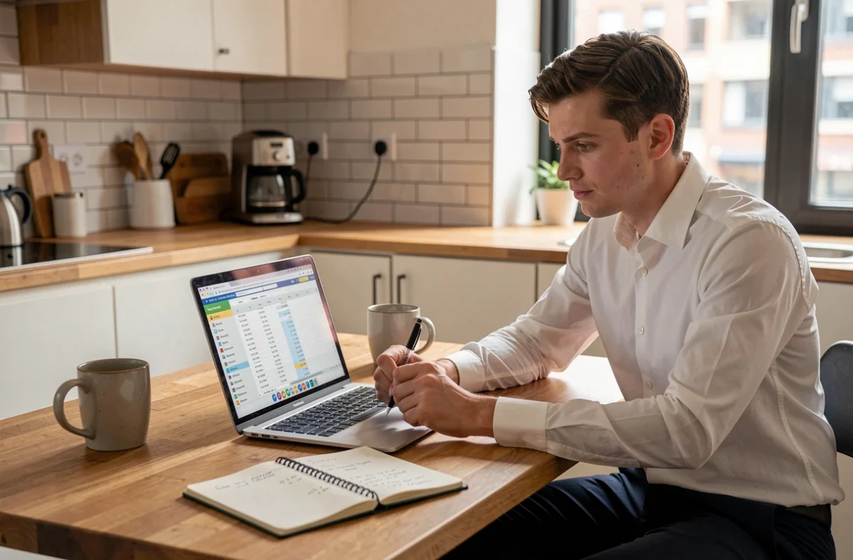 Jeune homme calculant son salaire net en brut sur ordinateur portable, premier emploi et fiche de paie
