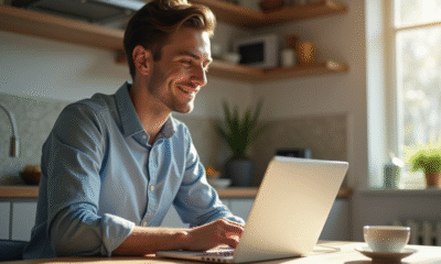 Jeune professionnel utilisant un laptop dans une cuisine lumineuse
