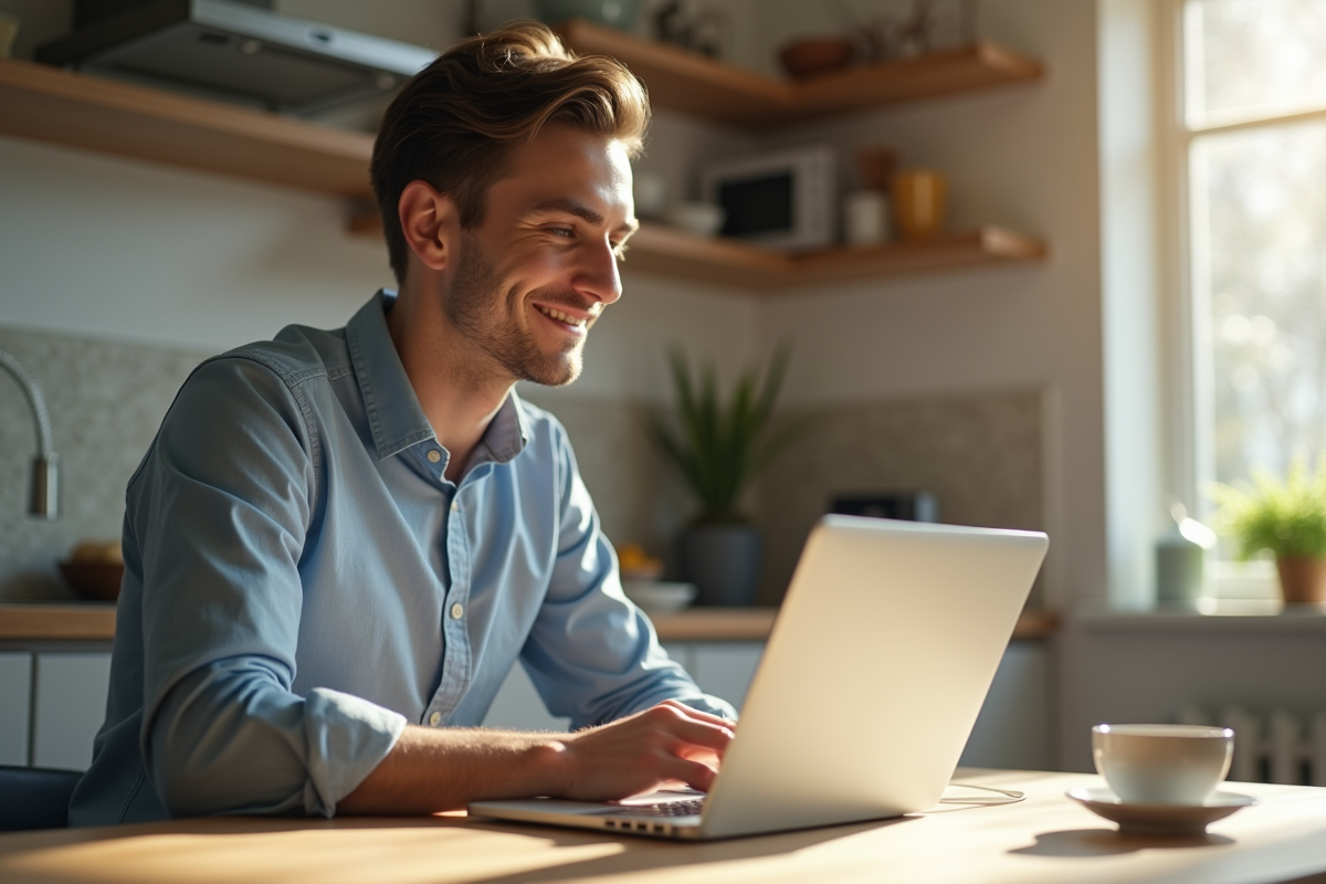 Jeune professionnel utilisant un laptop dans une cuisine lumineuse