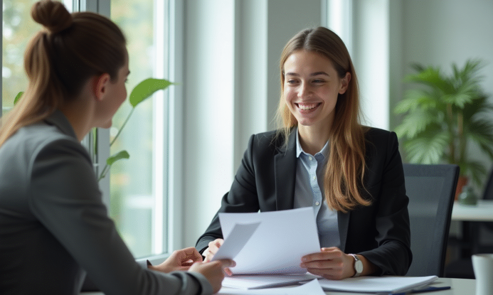 Jeune professionnel souriant avec conseiller emploi dans un bureau lumineux