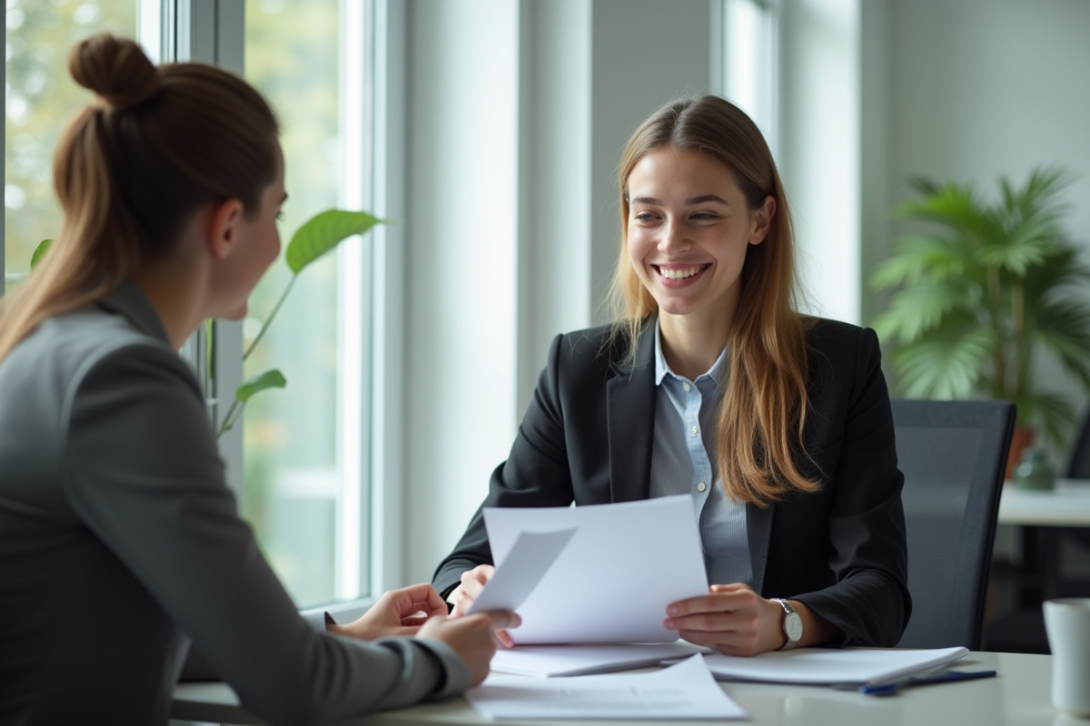 Jeune professionnel souriant avec conseiller emploi dans un bureau lumineux