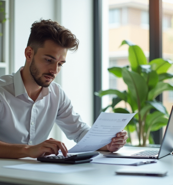 Jeune professionnel analysant ses fiches de paie au bureau