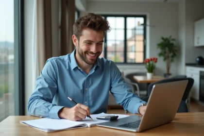 Jeune homme souriant travaillant sur ses calculs immobiliers
