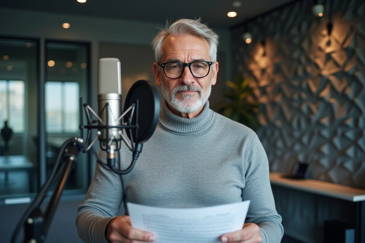Journaliste économique en studio radio devant un microphone professionnel tenant un script annoté