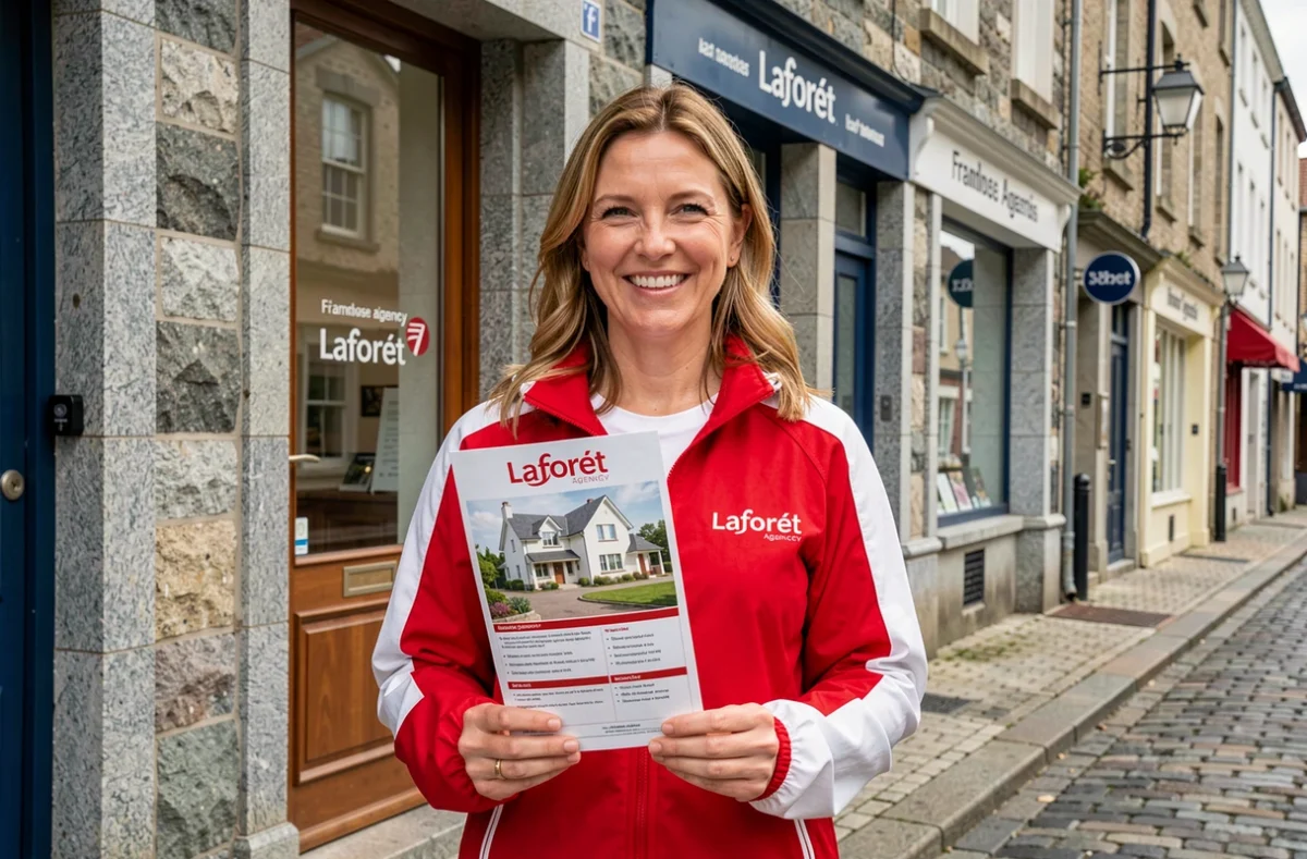 Une agente du réseau Laforêt Immobilier devant une agence en Bretagne propose des services de conseil locatif