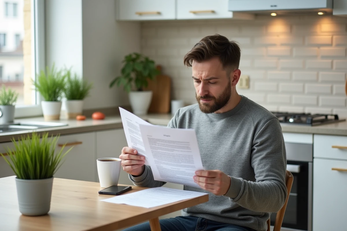 Homme lisant attentivement son contrat assurance Crédit Mutuel à son domicile