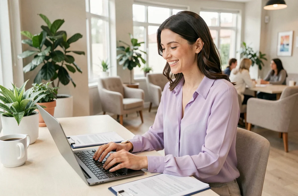 Conseillère en assurance de Lyra Assurances accueillant des clients depuis son bureau dans un espace professionnel chaleureux