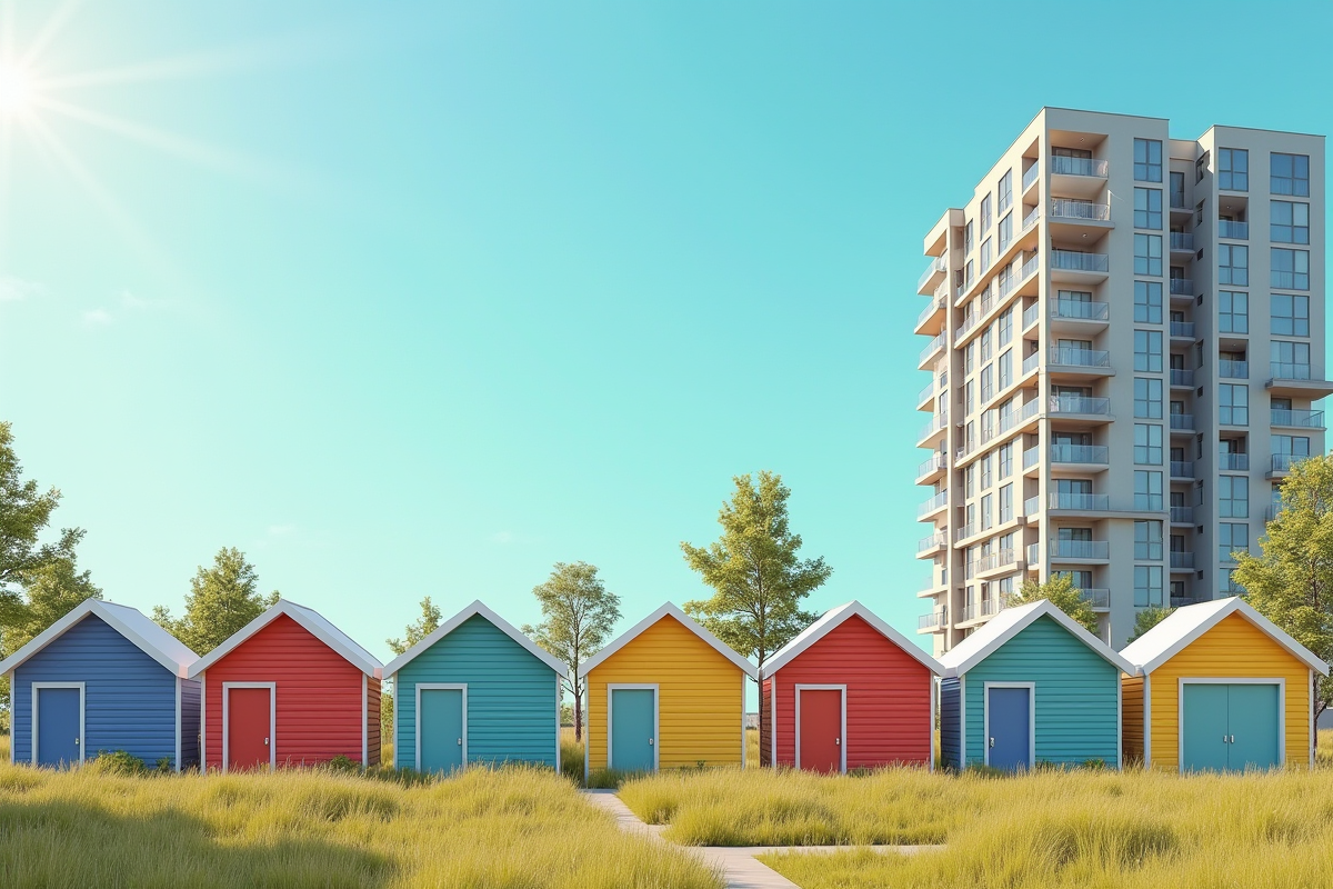 Maisons colorées et immeuble moderne en journée ensoleillée