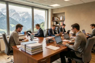 Vue d'ensemble d'un cabinet de courtage en assurance en Isère avec des conseillers professionnels au travail