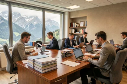 Vue d'ensemble d'un cabinet de courtage en assurance en Isère avec des conseillers professionnels au travail