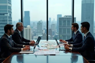 Professionnels en réunion autour d'une table avec des rapports économiques mondiaux et des devises de différents pays, symbolisant la multipolarité économique mondiale