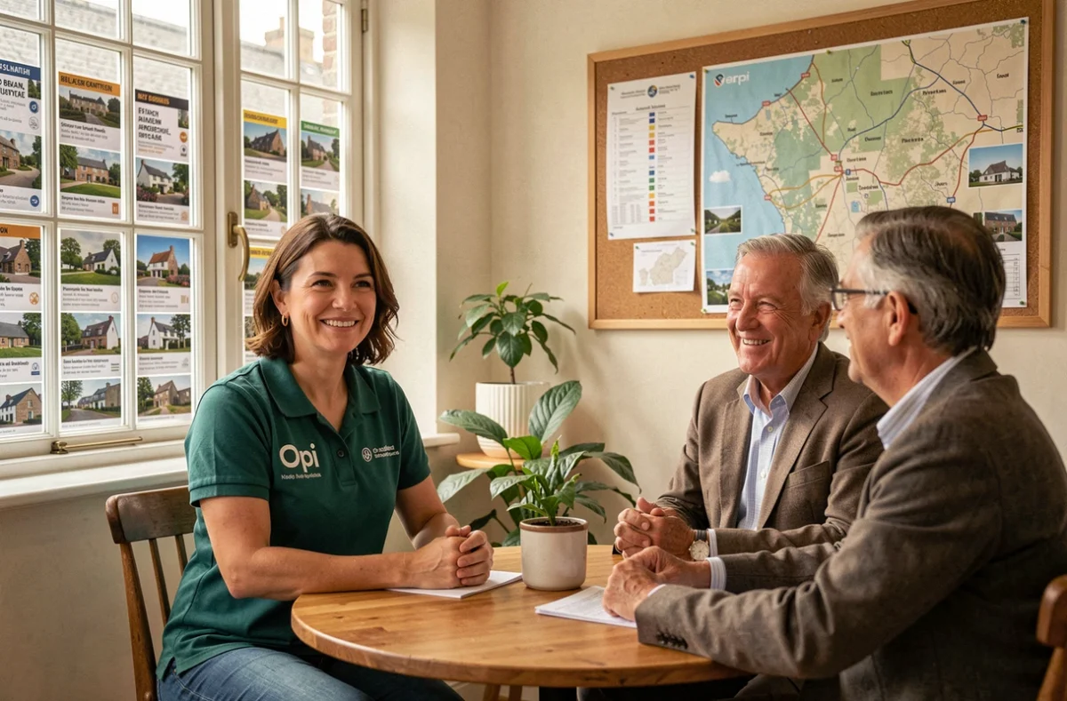 Une conseillère du réseau Orpi accompagne des investisseurs locaux dans une agence immobilière en Bretagne