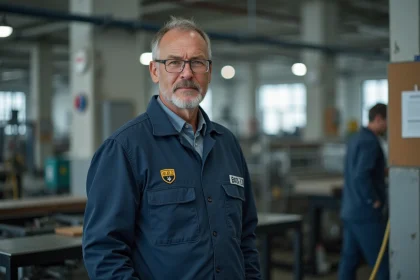 Ouvrier d'usine en Allemagne de l'Est devant une chaîne de production industrielle illustrant les écarts de salaire entre Länder