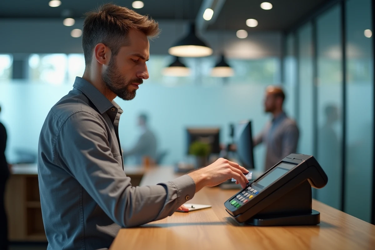 Homme utilisant une carte bancaire pour un paiement comptant sans contact dans une agence bancaire