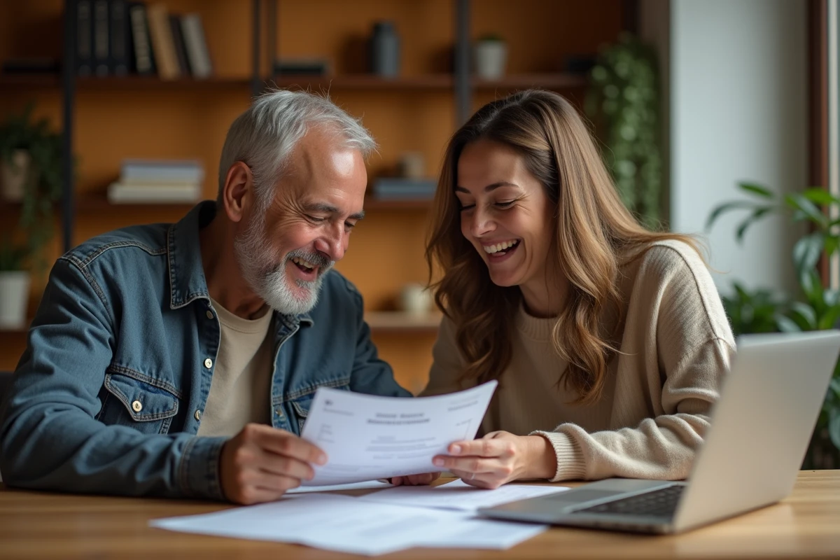 Couple consultant une facture et effectuant un paiement comptant en ligne depuis leur domicile