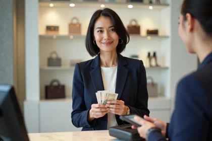 Femme payant en espèces au comptant dans une boutique moderne, illustrant le paiement comptant immédiat