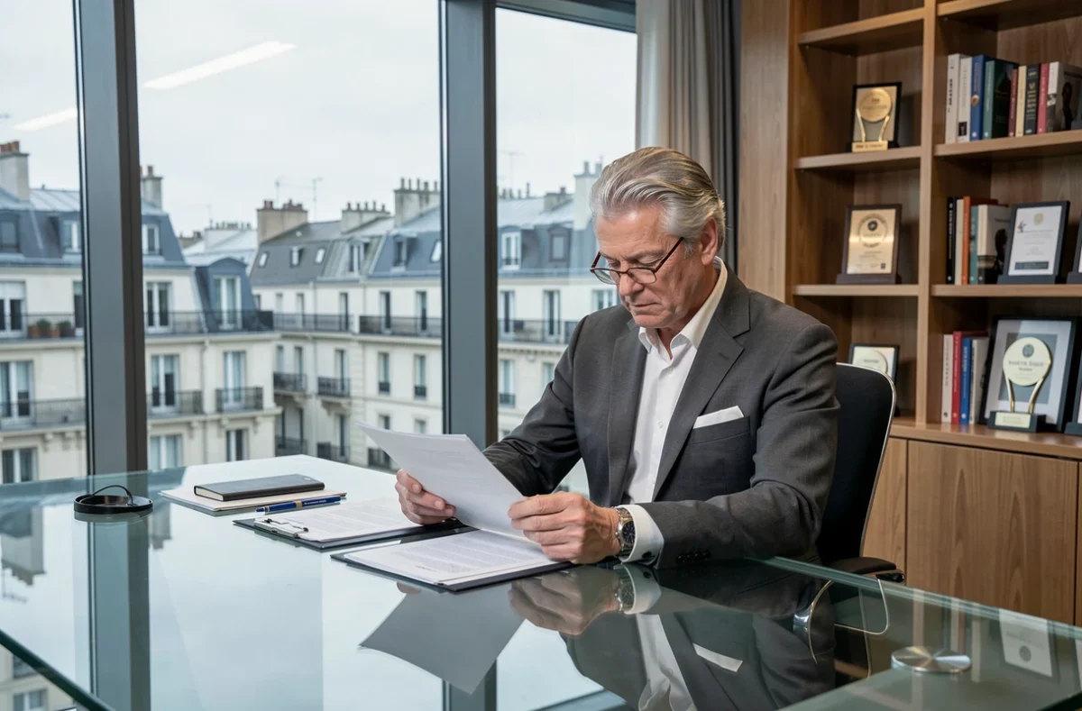 Personnalité médiatique de la télévision française dans un bureau professionnel parisien consultant des documents liés à sa carrière