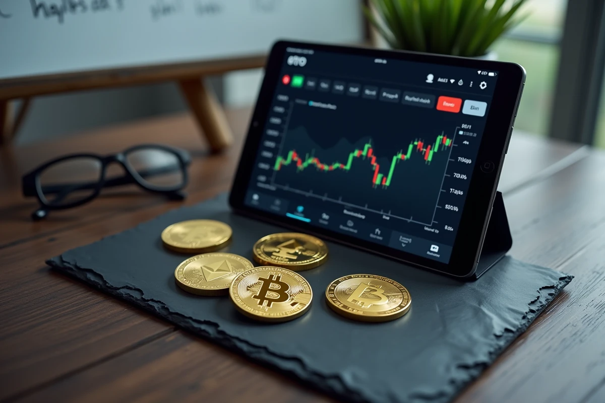 Pièces de cryptomonnaies physiques et tableau de bord eToro sur tablette pour illustrer les opportunités et risques d'investissement