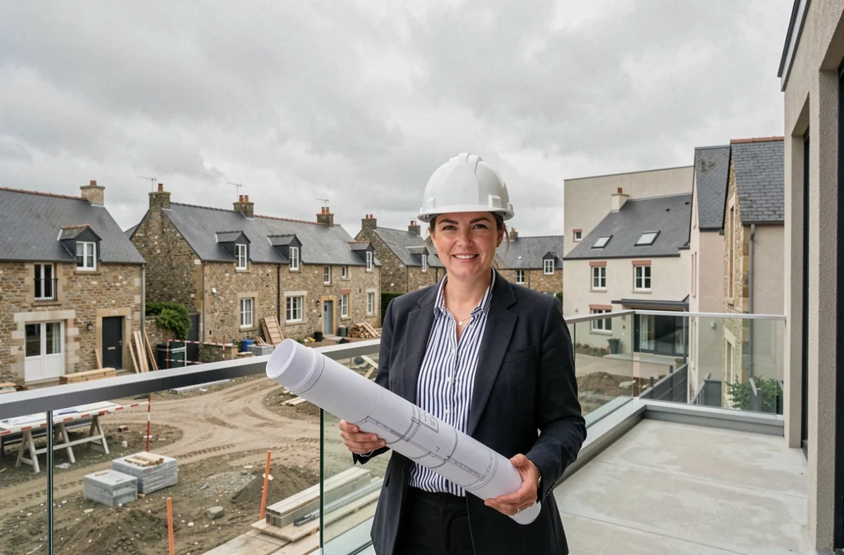 Une promotrice de Pierre Promotion présente un programme immobilier neuf en Bretagne depuis un chantier résidentiel
