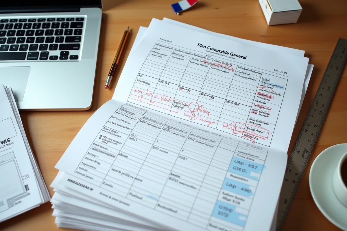 Plan comptable général français ouvert sur un bureau avec documents comptables annotés et feuilles de vérification